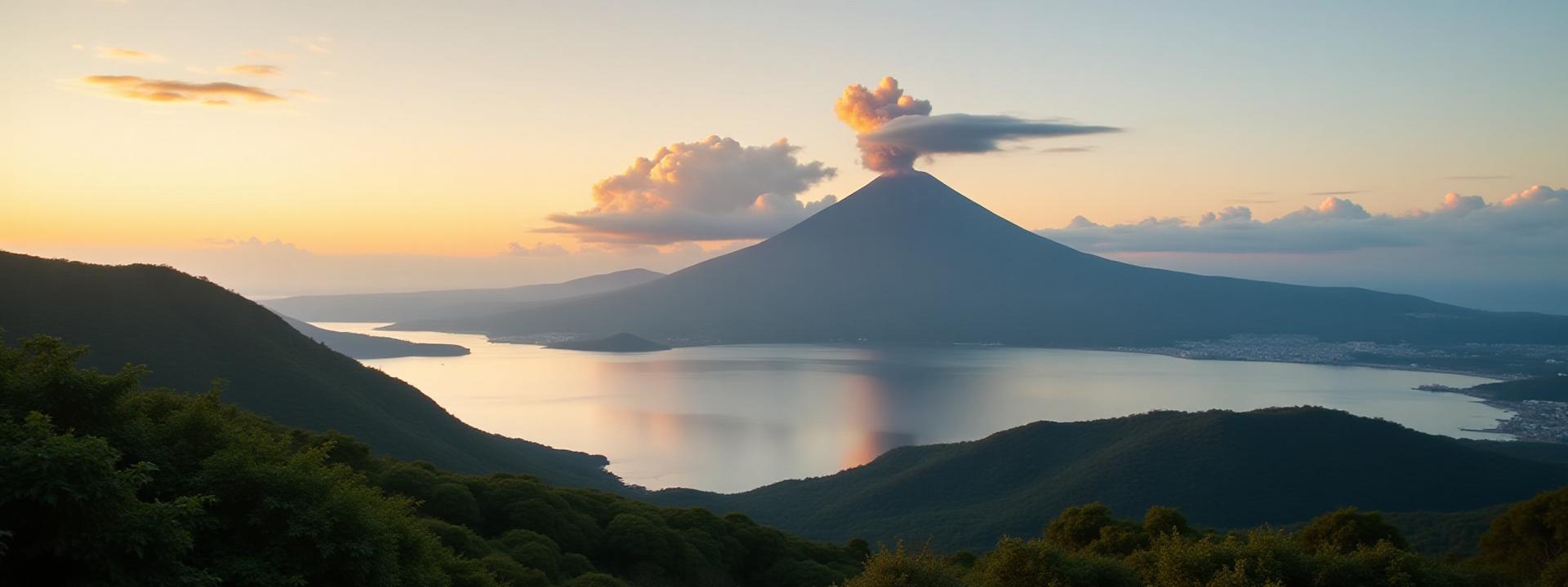 桜島と錦江湾の壮大なパノラマ風景。穏やかな海と雄大な山々の息をのむような眺め