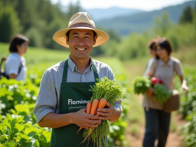 畑で採れたばかりの新鮮な野菜を手に笑顔の現地農家と観光客