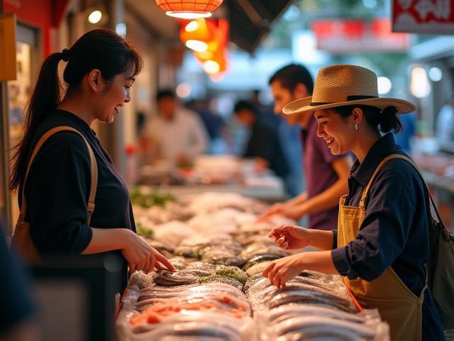活気ある市場で新鮮な魚介類を選ぶ観光客と現地ガイド