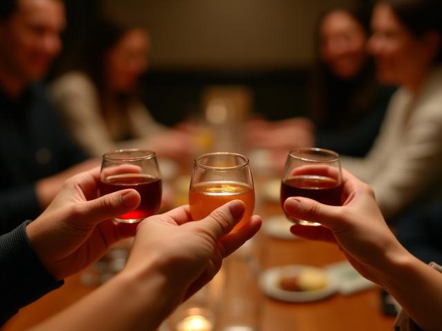 焼酎のテイスティングをしている人々の手元、多様なグラスが並ぶ