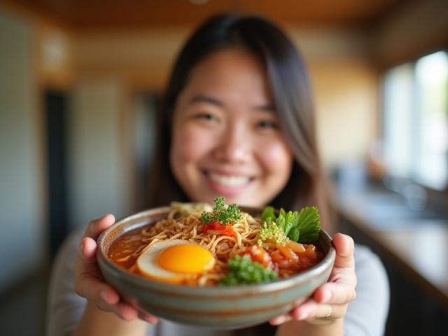 料理教室で自作の料理を誇らしげに見せる笑顔の参加者