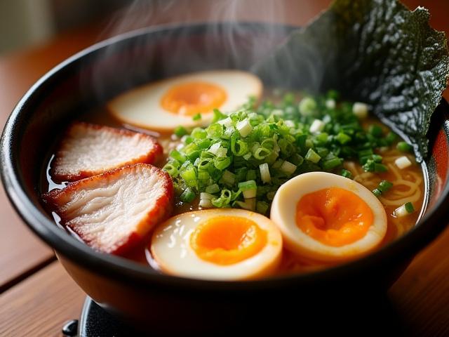 湯気が立ち上る鹿児島黒豚ラーメンのクローズアップ、美味しそうな具材とスープ