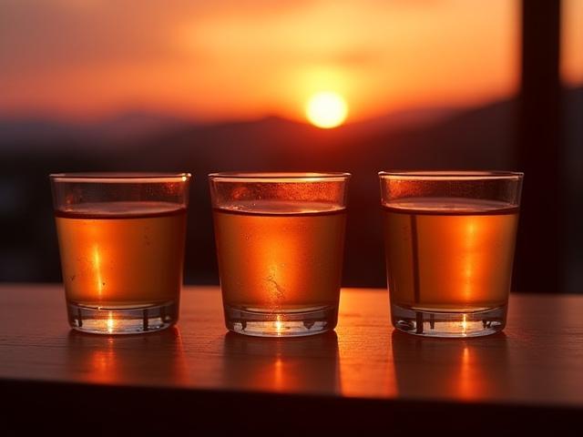 夕焼けに照らされた美しい焼酎のテイスティングフライト