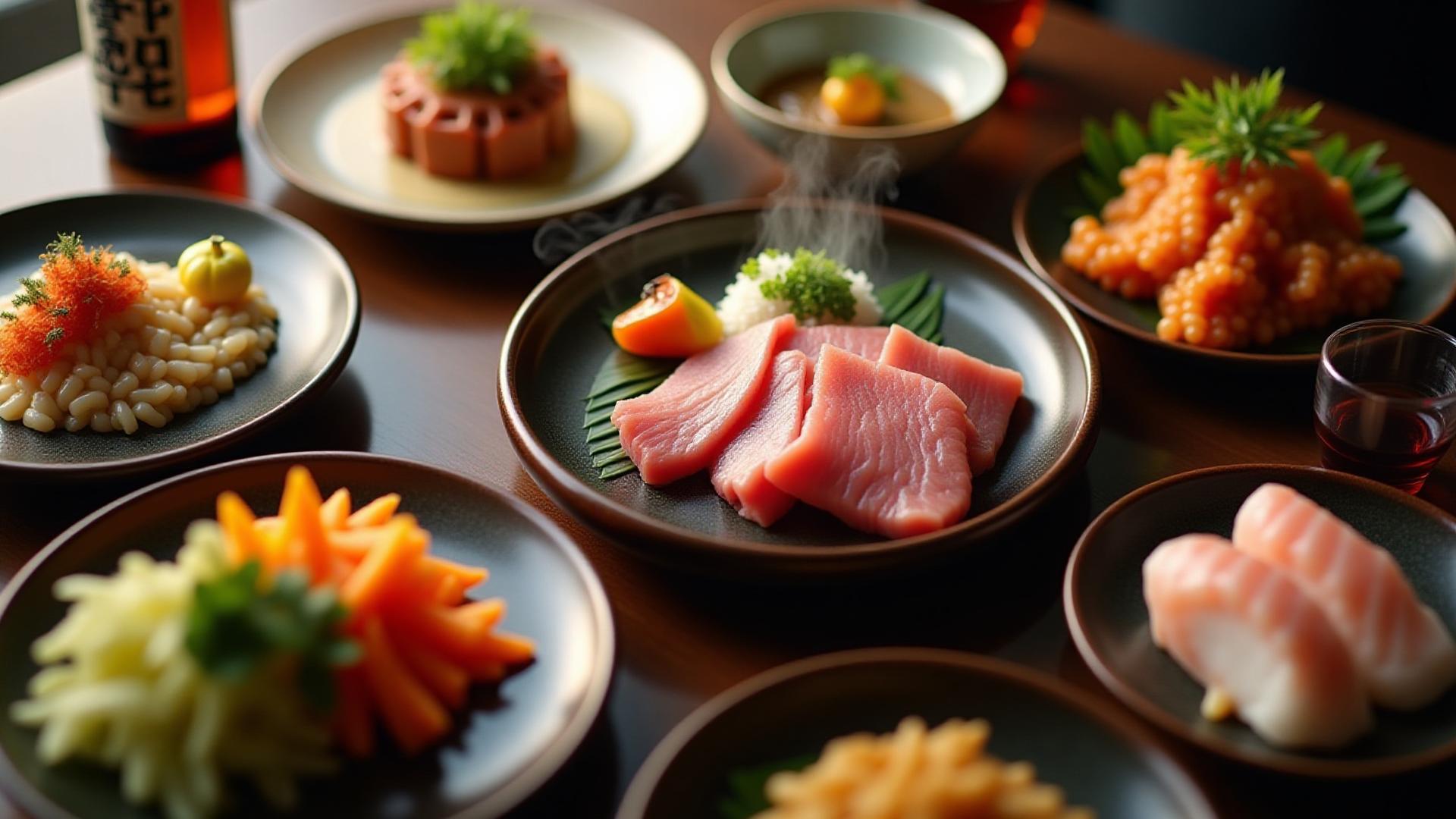 鹿児島名物を美しく盛り付けた食卓の俯瞰写真。色彩豊かで豪華な料理が並ぶ。