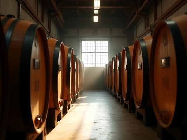 光が差し込む焼酎蒸留所の樽が並ぶ風景