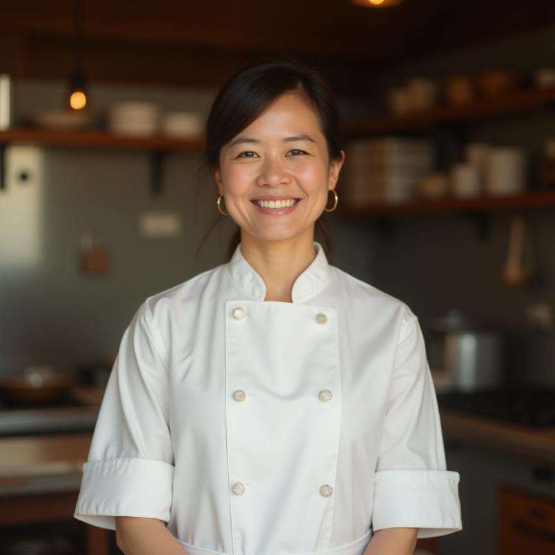 伝統的な和食の厨房で笑顔で料理をするミカシェフ