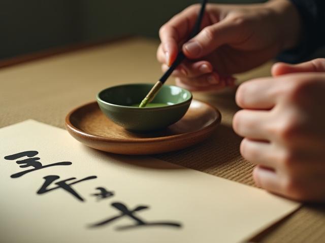 日本の茶道の最中に茶碗を持つ手元