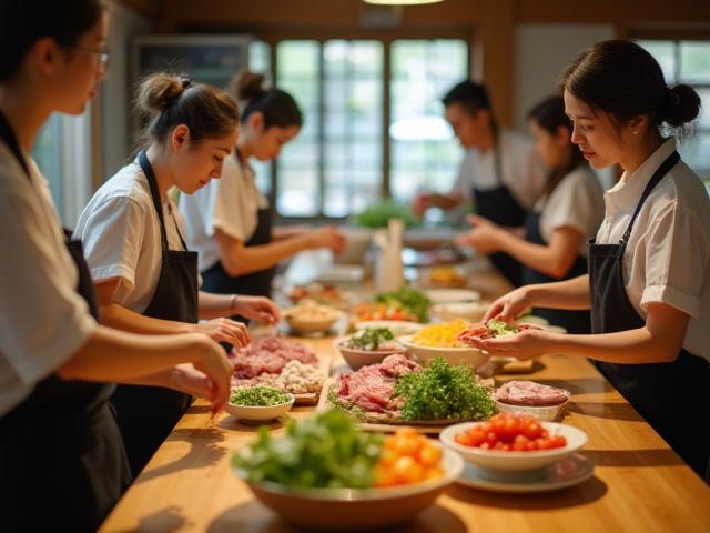 鹿児島黒豚を使った料理教室で生徒たちが調理している様子