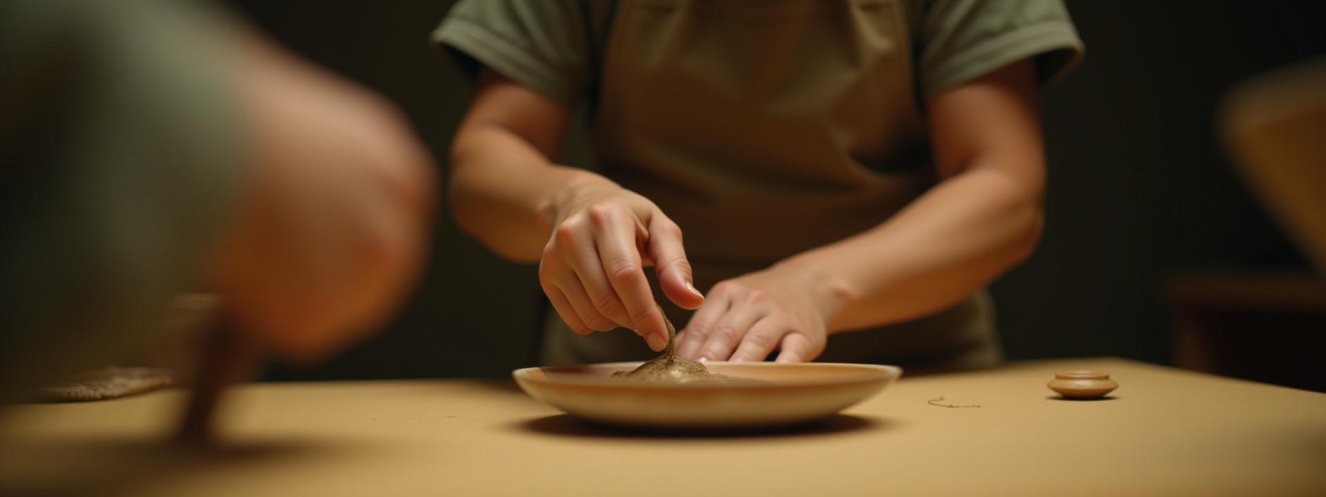 鹿児島で伝統工芸品を制作する職人の手に焦点を当てたクローズアップ写真