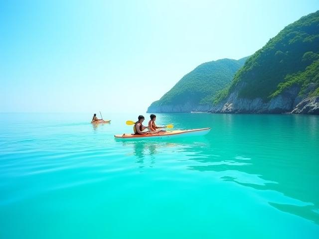 青い海と緑豊かな岸辺、カヤックで進む人々。