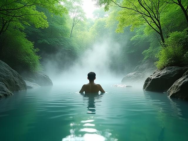 豊かな緑に囲まれた露天風呂から湯気が立ち上る。