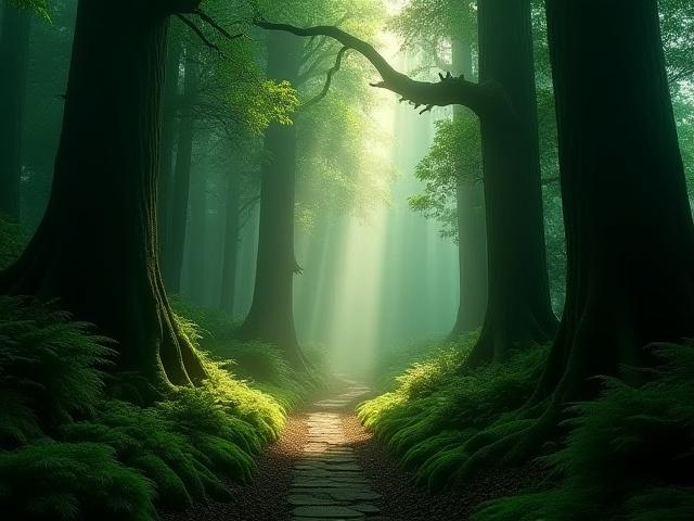 屋久島の苔むした神秘的な森の中をトレッキングするハイカー。