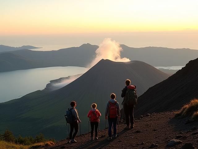 活火山をハイキングする冒険家たち。白い噴煙が上がる壮大な桜島。
