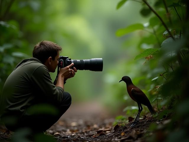 野鳥を撮影するプロの写真家と望遠レンズ。