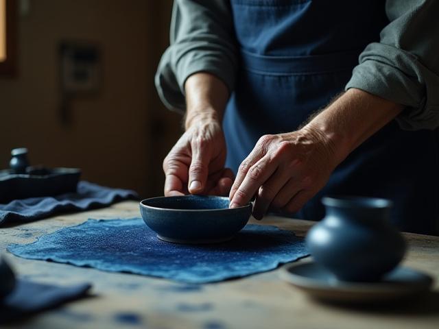 藍染体験中の女性の手元。伝統的な染色技術。