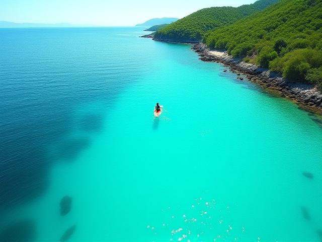 青い海岸線を進むカヤック。清らかな海と豊かな自然。