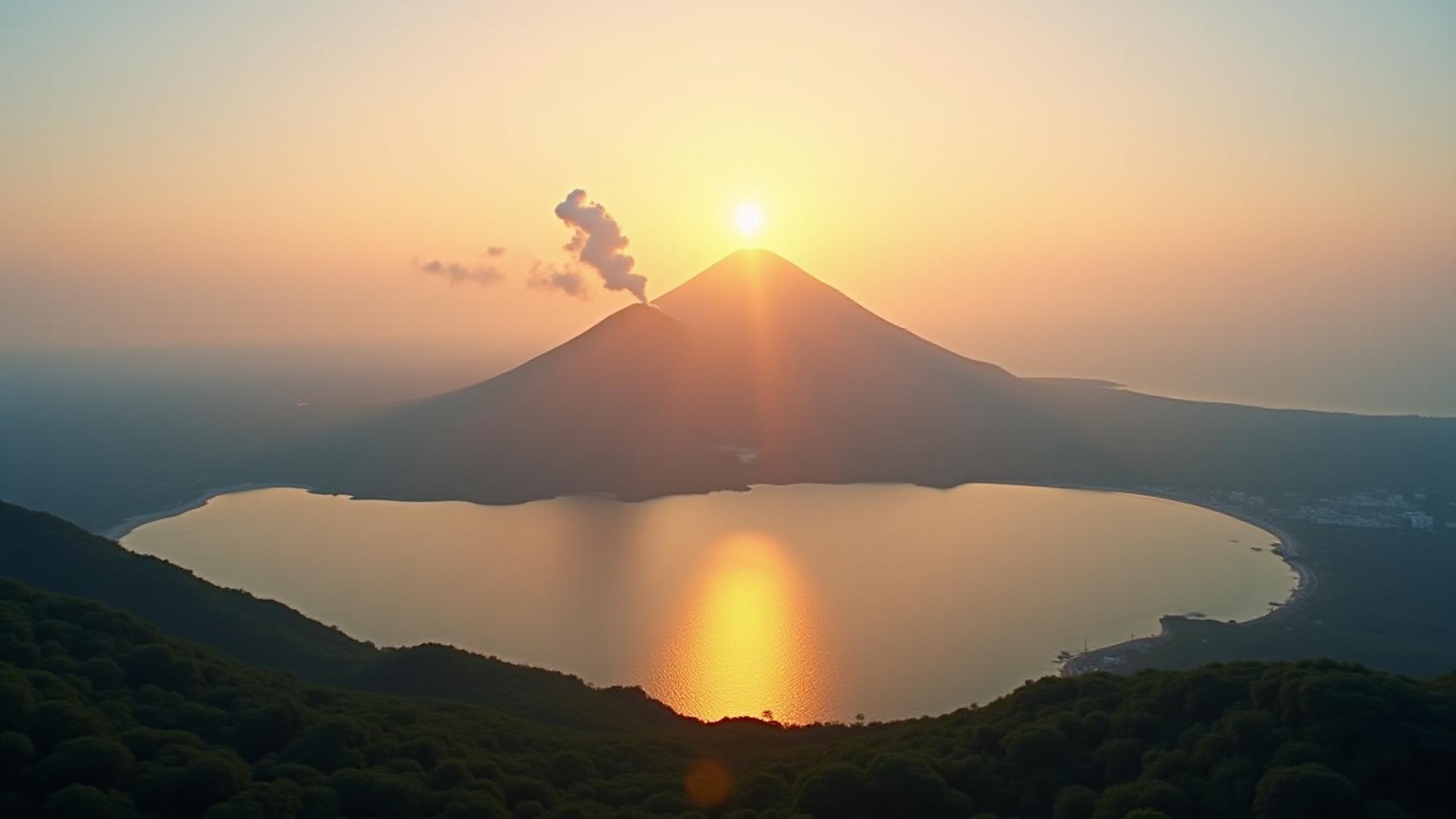 桜島と錦江湾の壮大なパノラマ、日の出の光景