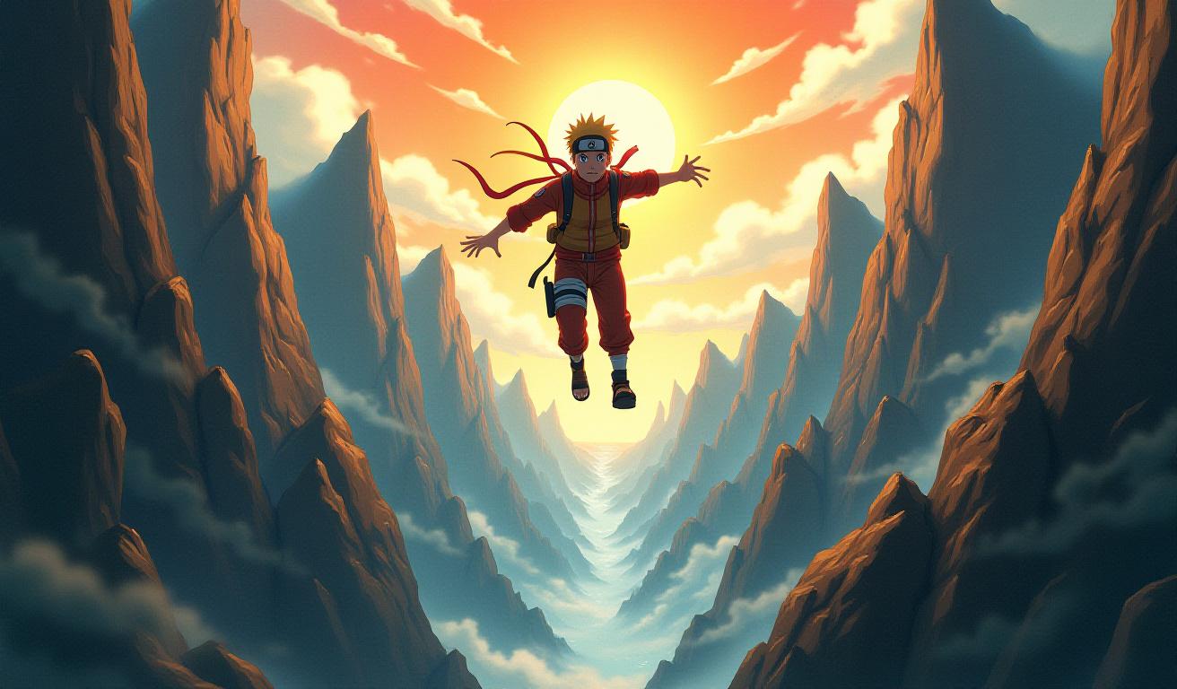 鹿児島の大自然を背景に、忍者のように山を駆け抜ける人々のアニメスタイルのイラスト。