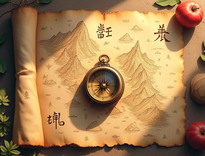 テーマ性のある地図とコンパスのクローズアップ。