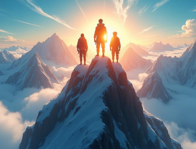 笑顔でミッション完了の巻物を掲げる子供たちのグループ。