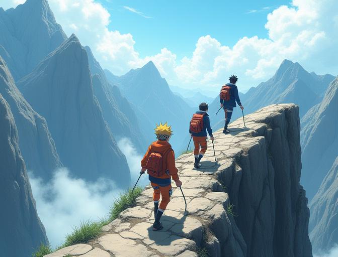 丸太橋を渡る忍者のような家族の漫画スタイルのイラスト。