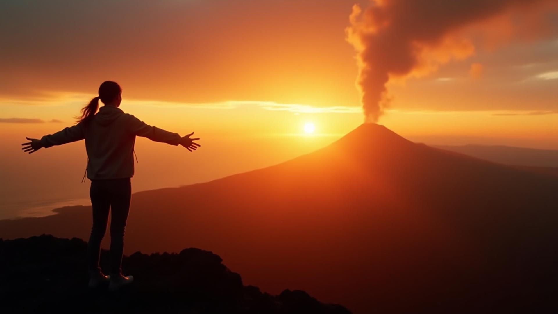 鹿児島桜島の頂上で自信に満ちた女性ハイカーが夕日を眺める.