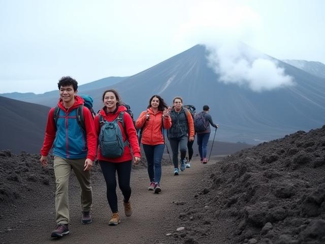 ソロの旅行者が桜島を背景にハイキングをする