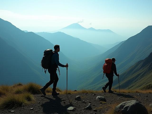 霧島連山の壮大な景色の中をトレッキングするハイカー
