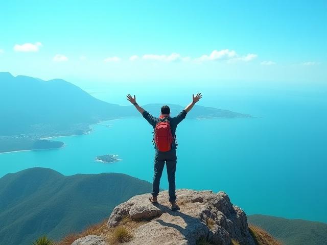 開聞岳の山頂で達成感を味わうハイカーの姿