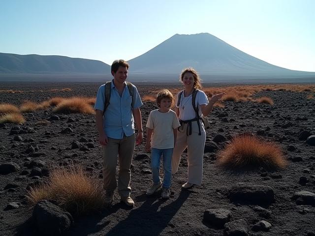 桜島の溶岩台地を歩く家族の姿