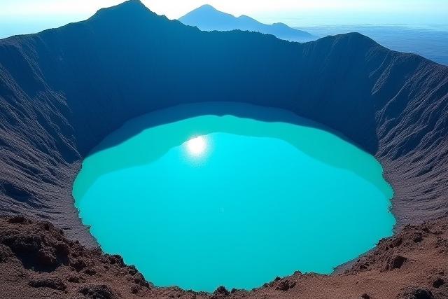 鮮やかな青い色の神秘的な火口湖