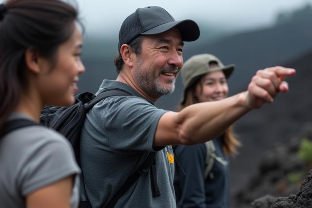 ガイドがハイカーに地質の特徴を説明している様子