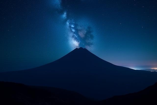 夜、満天の星空の下、火山のシルエットが映える