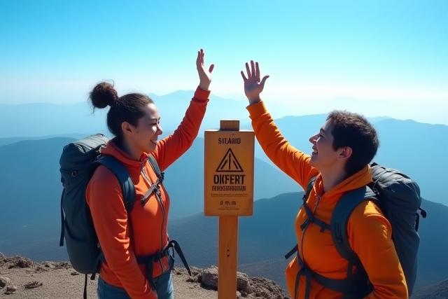 火山の山頂で喜びを分かち合うハイカーたち
