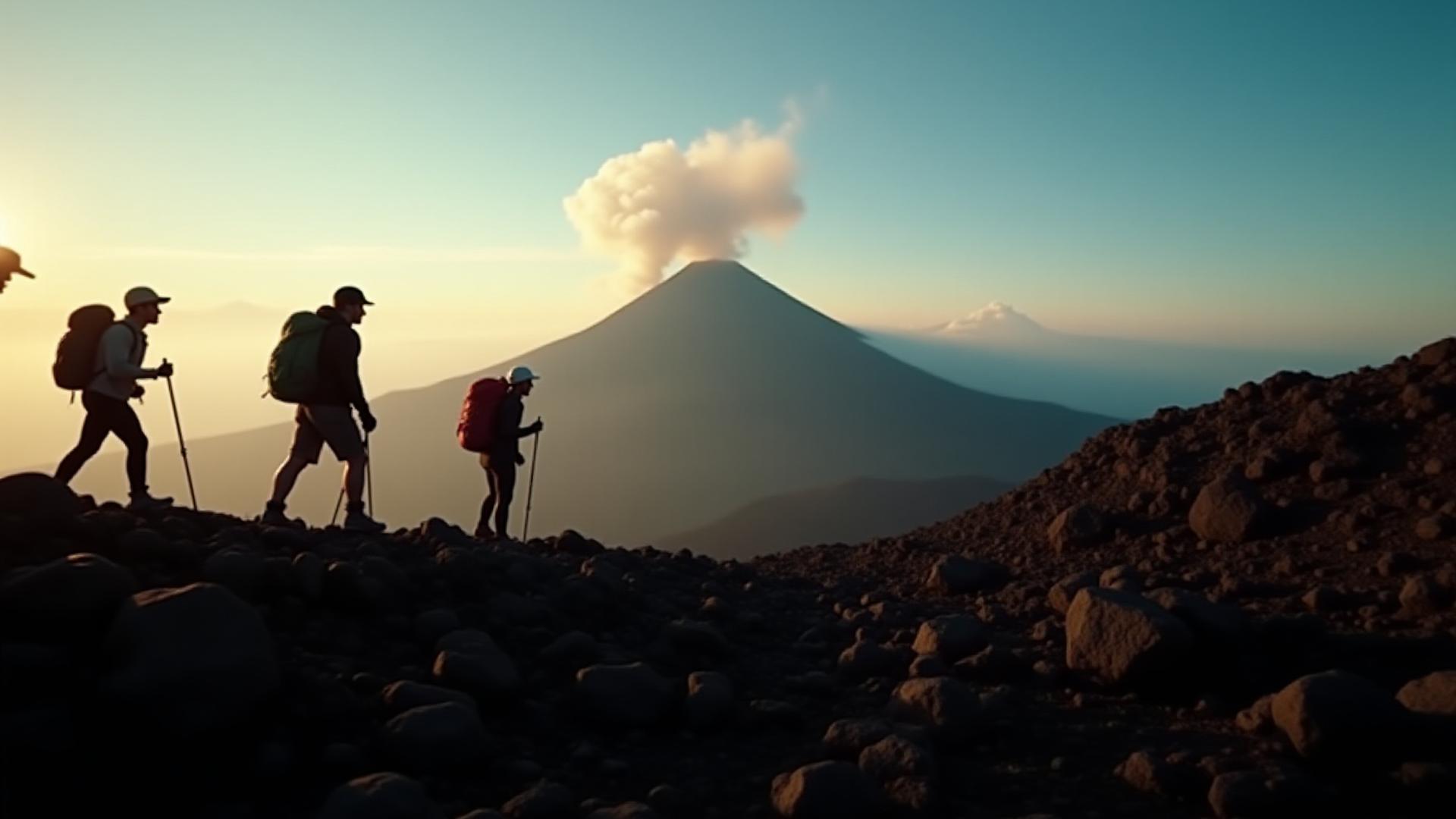 桜島が噴煙を上げる中、尾根をハイキングする冒険家たち
