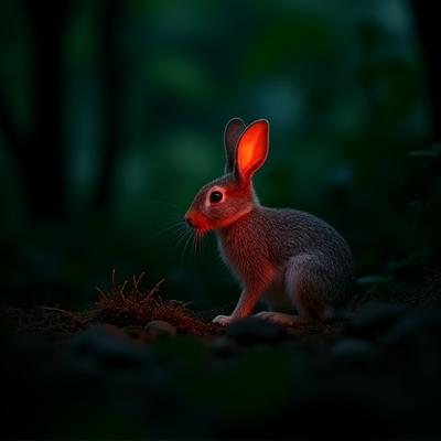 夜の森で草を食むアマミノクロウサギ