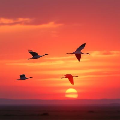 出水平野の夕焼け空を飛ぶ数羽のツル