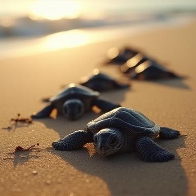 生まれたばかりのウミガメの赤ちゃんが海に向かって進む