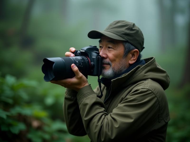 フィールドでカメラを構えるベテラン自然写真家ケンジ