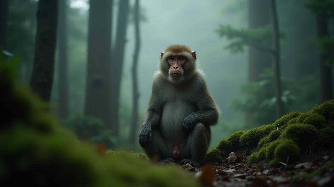 霧深い森のヤクシマザル。カメラ目線で静かに座っている