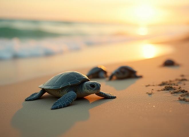 屋久島のビーチで孵化して海へ向かうアオウミガメの赤ちゃん